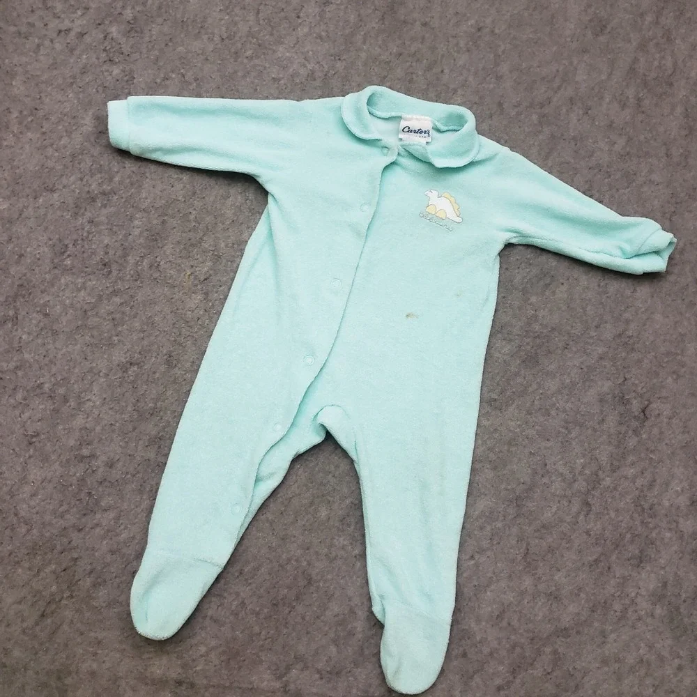 VINTAGE Carters‎ One Piece Baby Boys 0-3M Blue Dinosaurs Button Up Sleeper 90s